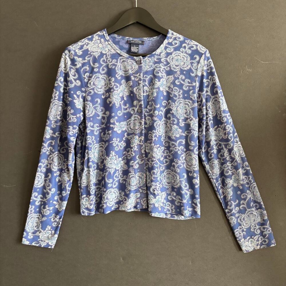 Vintage The Limited Y2K Blue Floral Scroll Print Long Sleeve Top Size L